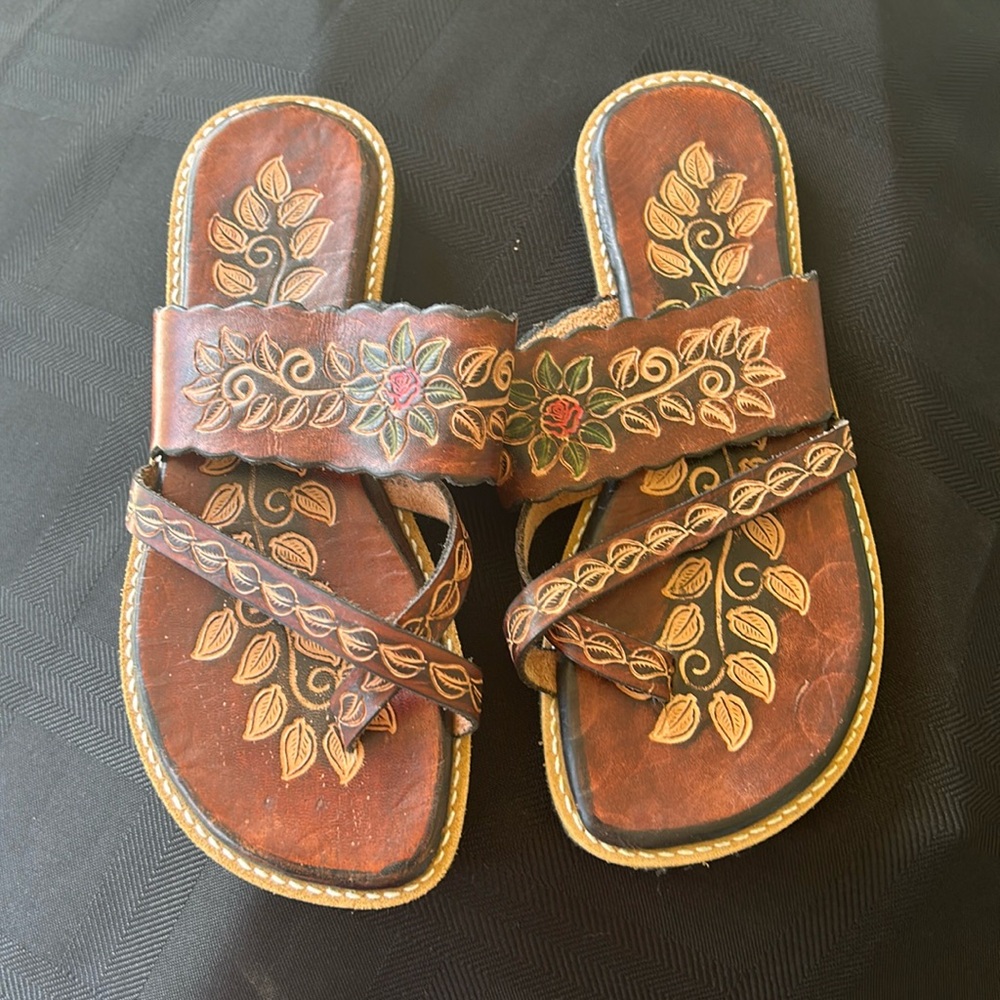 Brown Floral Sandals with Black Soles